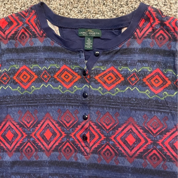 LAUREN JEANS Co LRL Aztec Henley Top Blueish Purple Red Green L/S Women's XL - Picture 2 of 3